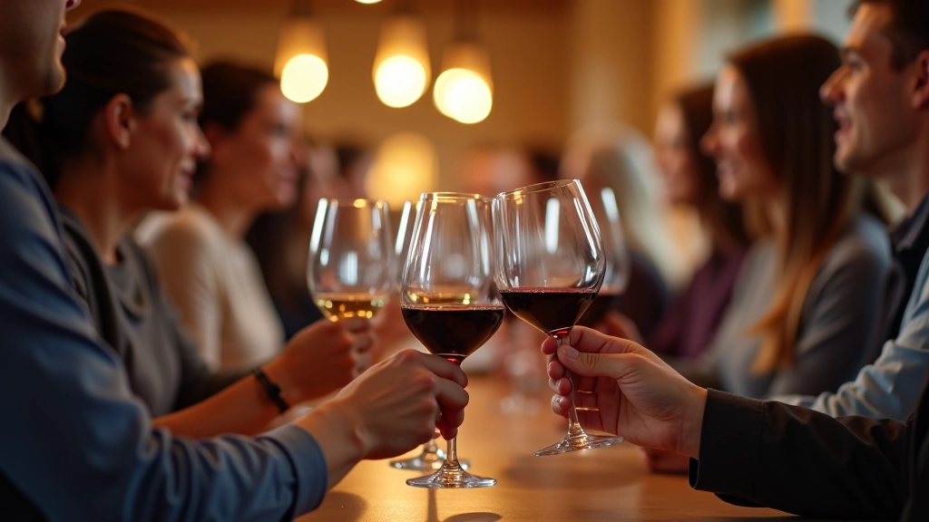 Degtis degustacija — žmonės drži vyno taures prieš šviesą
