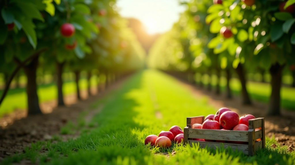 Obuolių sodas su žaliais medžiais, šviežiai nuimtais obuoliais krūpyje